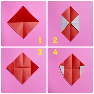 1 赤い面を上にして、対角線に十字になるように折り筋をつけます。
2 3 中心に向かって、両端の角を折り、開きます。
4 今つけた折り線に合わせて折り筋をつけて開きます。
