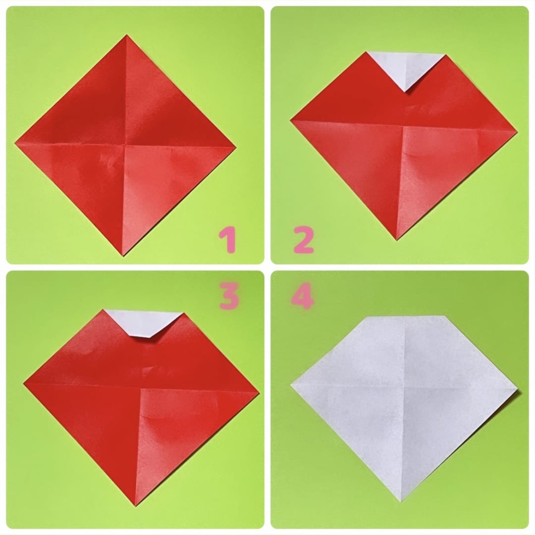 １　色がついている方を表にして、十時に折り線をつけます。
２　上の角を中心から三分の一のところまで折ります。
３　白い三角の下の部分を少しだけ折ります。
４　裏返します。