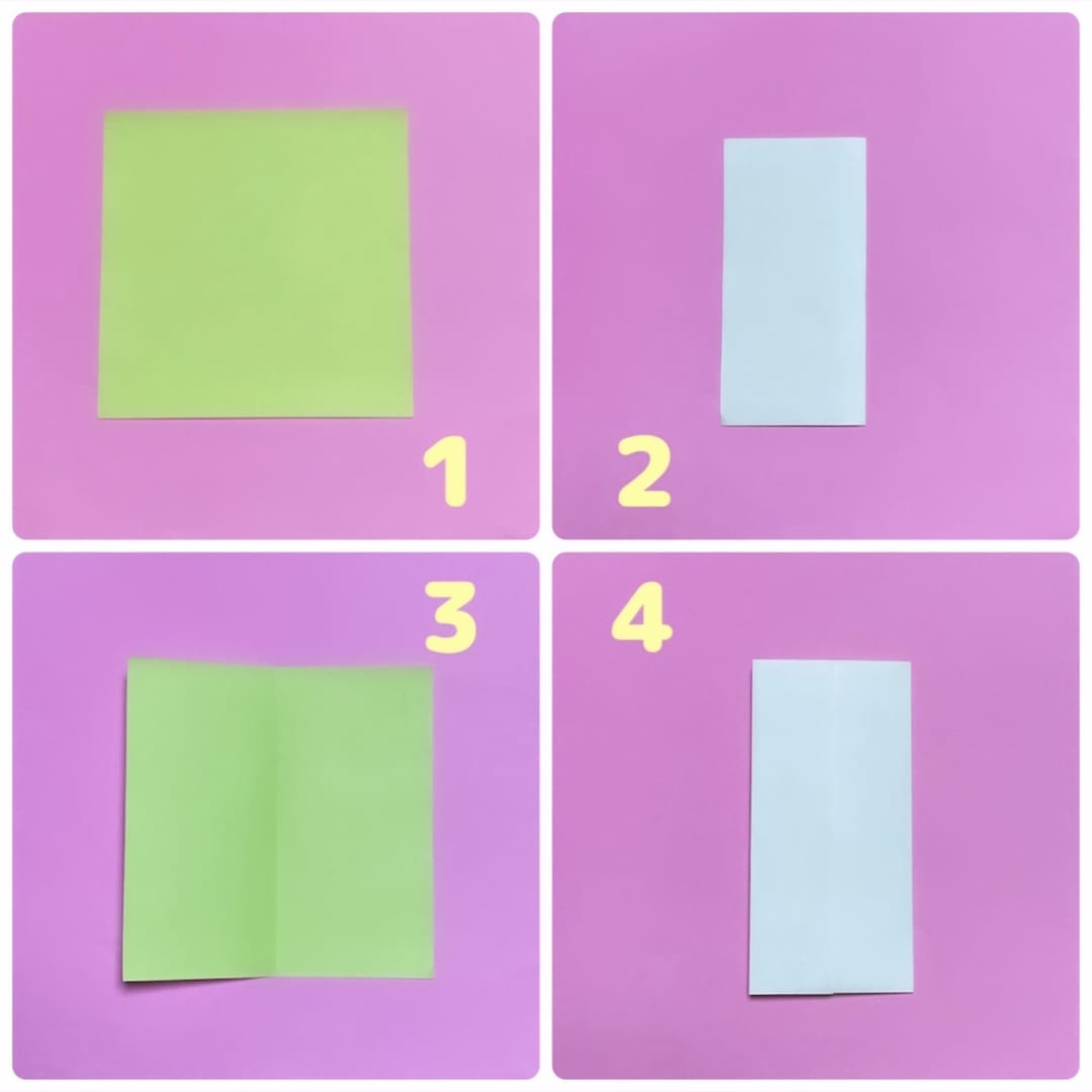 1 表側を上にして、半分に折ります。
3 開いて、
4中央の線まで、両側を折ります。
