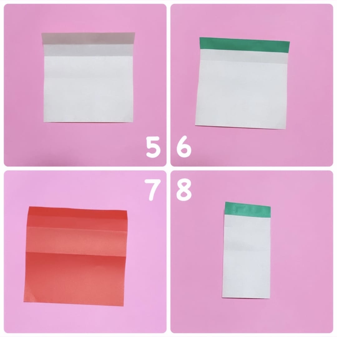 6 ８分の１に切った緑色の折り紙を貼ります。または、緑に塗ったり、マスキングテープを貼ってください。
7 裏返します。