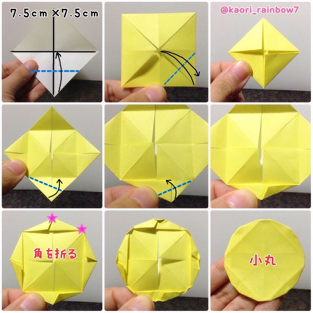 小丸 折り紙サイズ7.5cm 折り順について、1段目の左から右へ。2段目、3段目も同様です。