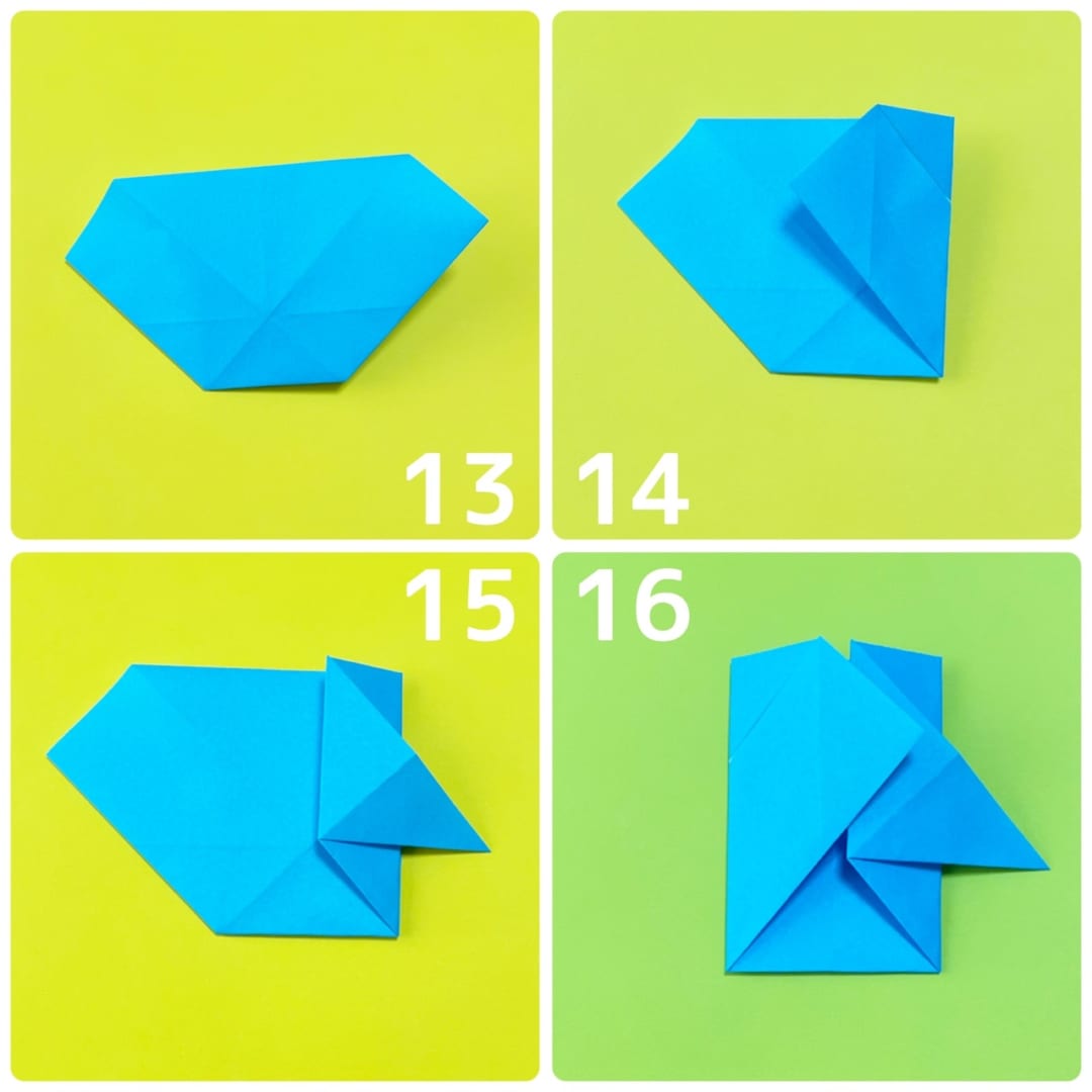 13 裏返します。
14 斜めの線に右側の辺を合わせ、折ります。
15 折り線で、角をつまんで引き出すように折ります。
16 左側も同じように折ります。